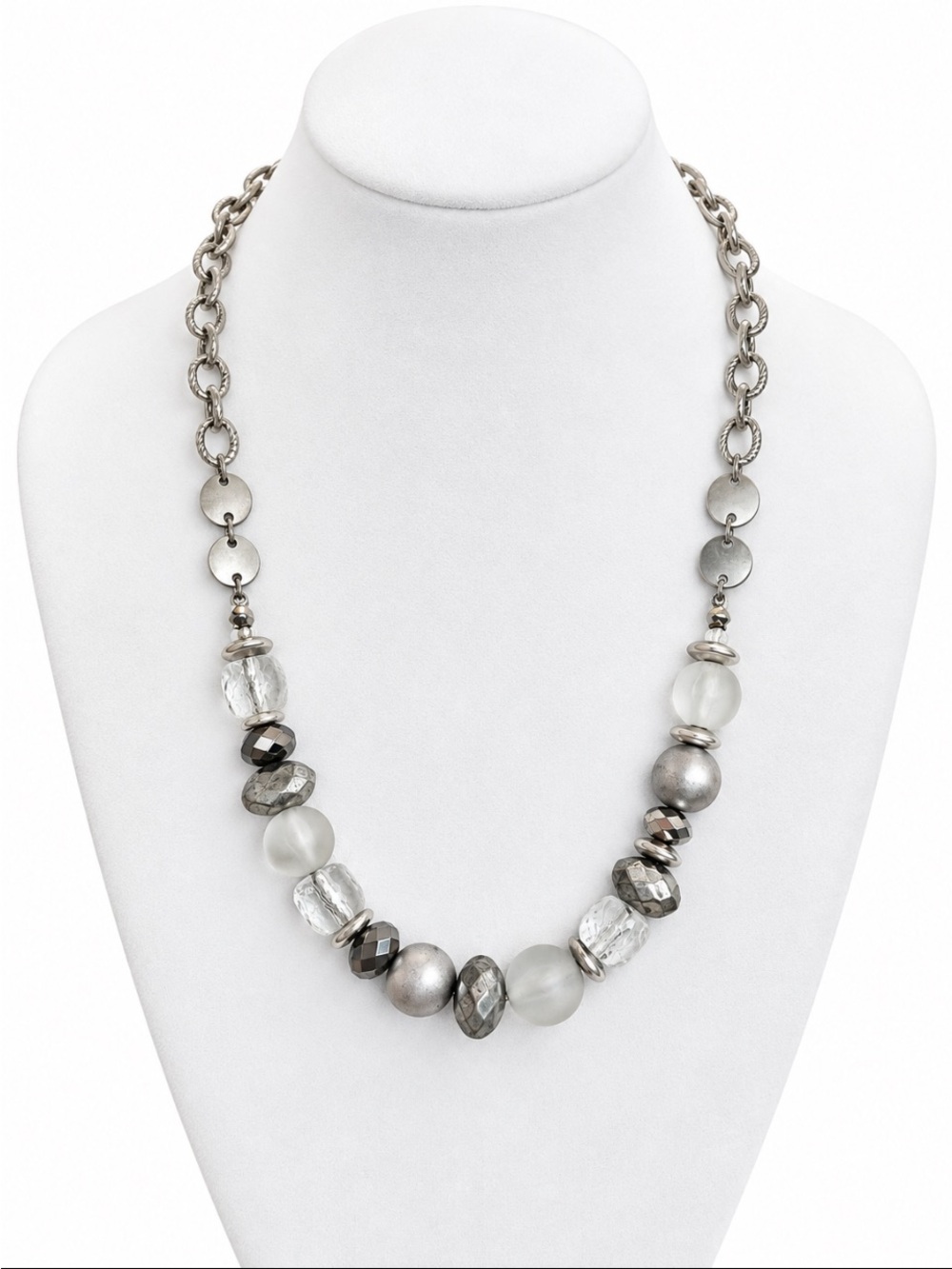 Silver Tone Gray & Clear Mixed Bead Statement Necklace
